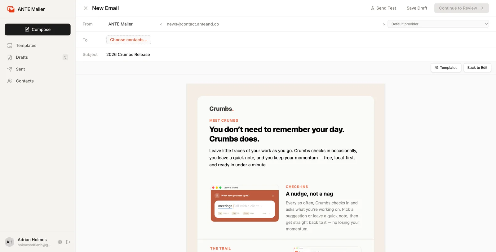 ANTE Mailer on desktop